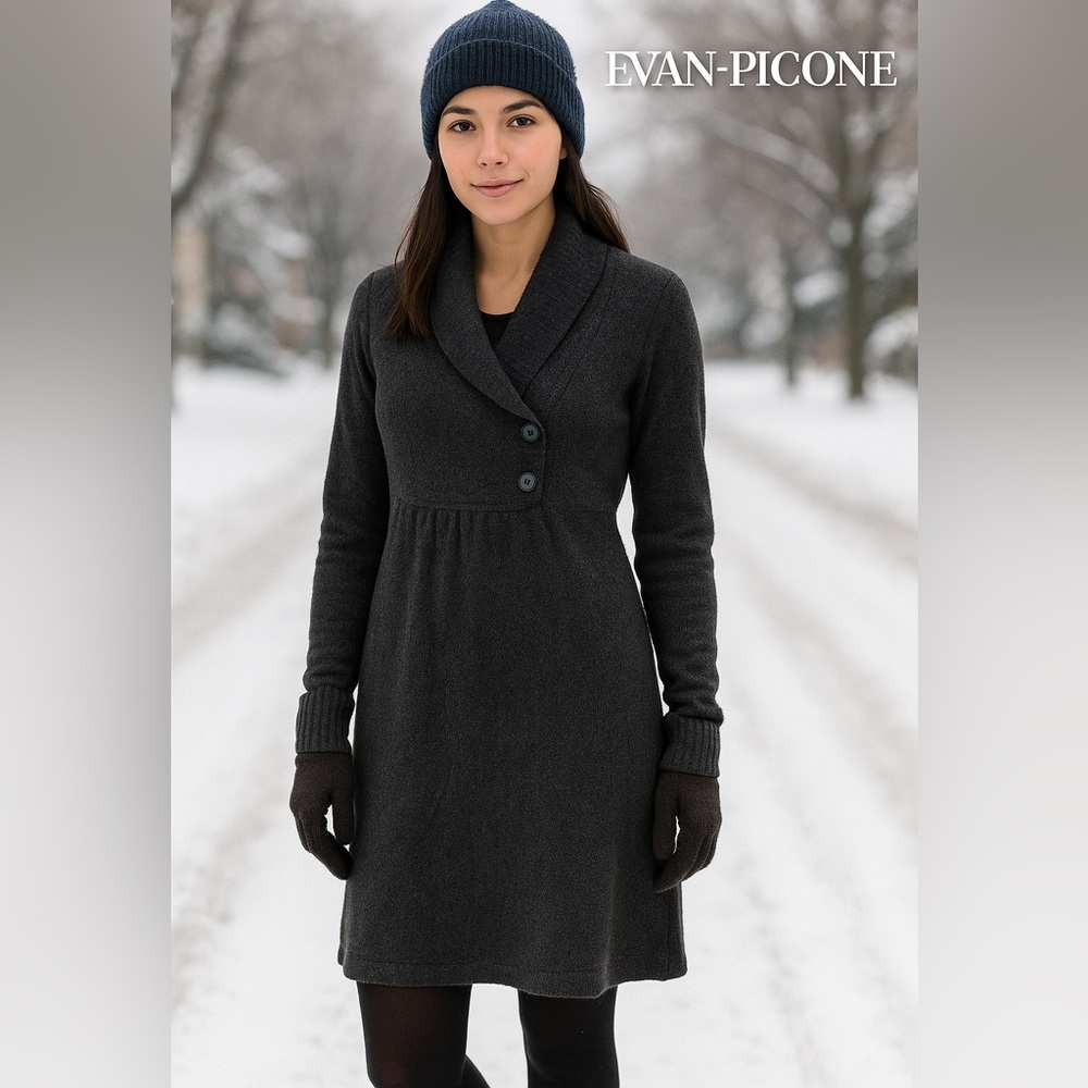 Evan-Picone Sweater Dress XL Charcoal Black NWT Shawl Collar Long Sleeve Winter‎